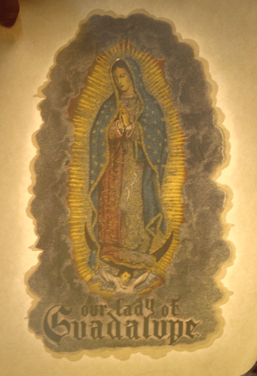Our Lady of Guadalupe — Vintage 1970s Chicano Art Iron On Work Shirt - Segundo Barrio Supply Co.